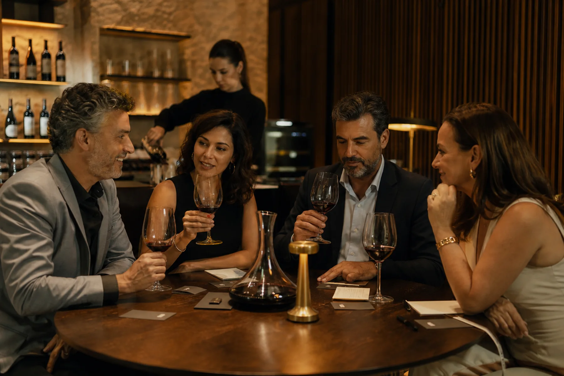 Grupo degustando vinhos ao redor de uma mesa