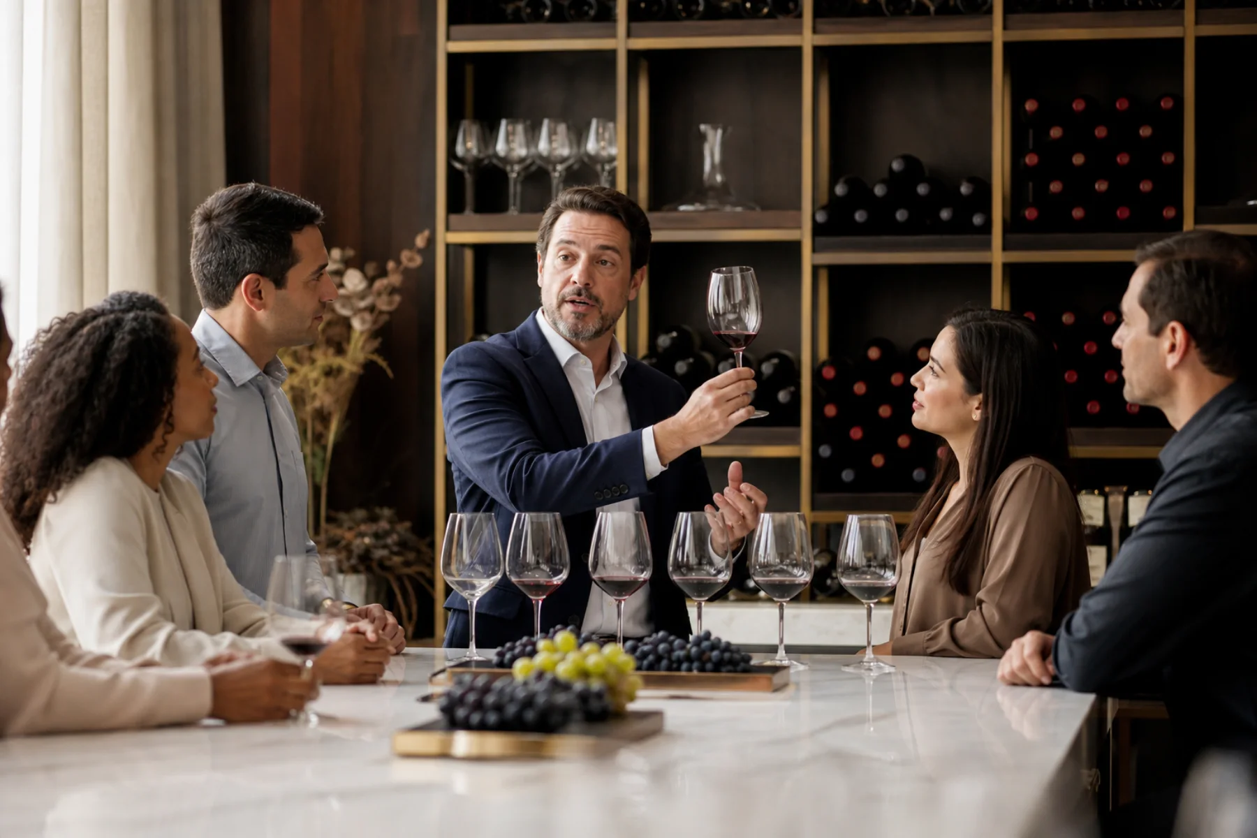 Sommelier conduzindo uma aula prática de vinhos