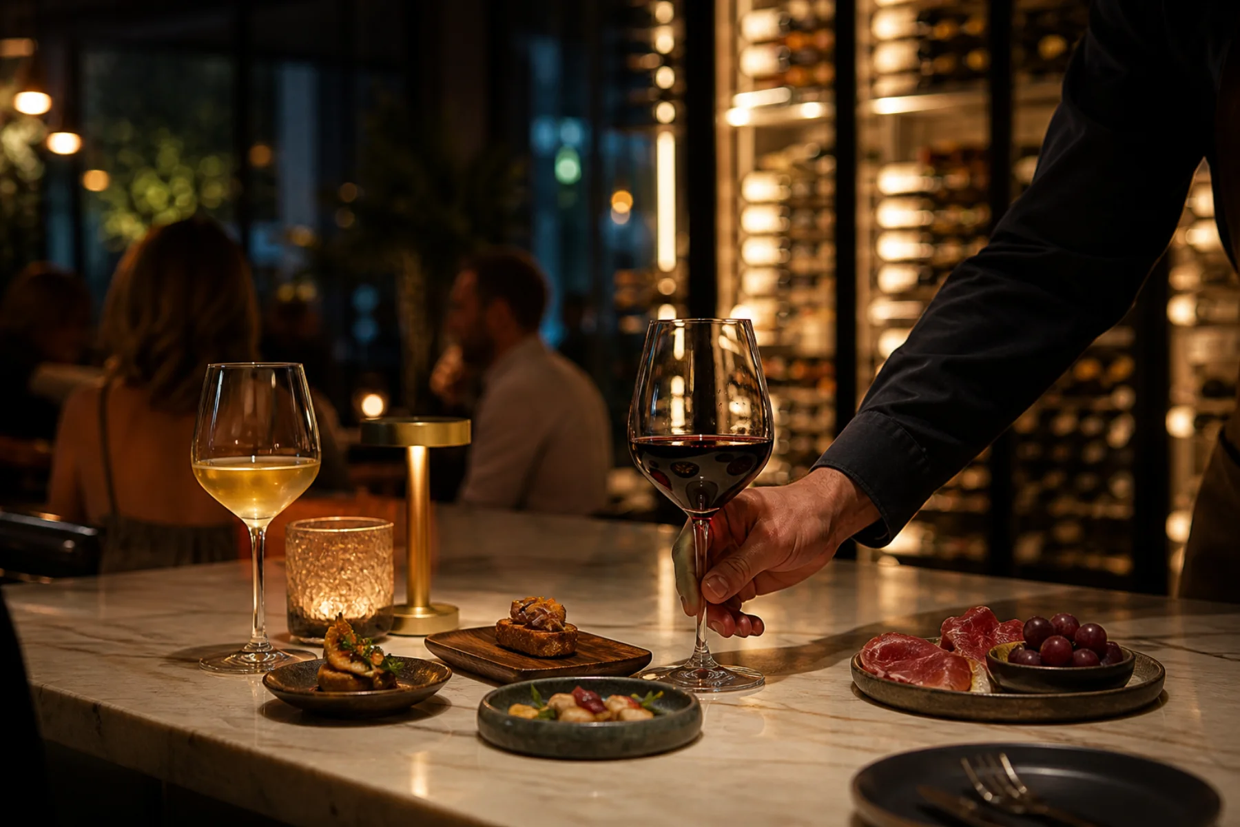 Taças de vinho e pequenas porções no balcão do wine bar